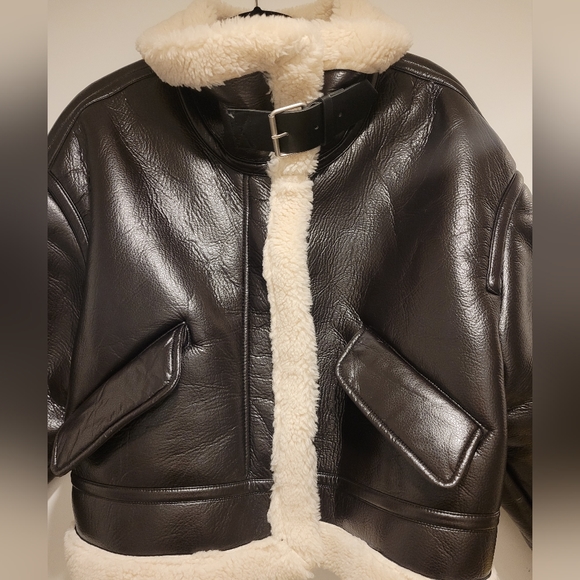 Zara Faux leather fleece collar jacket, size XL, dark brown - Picture 3 of 7